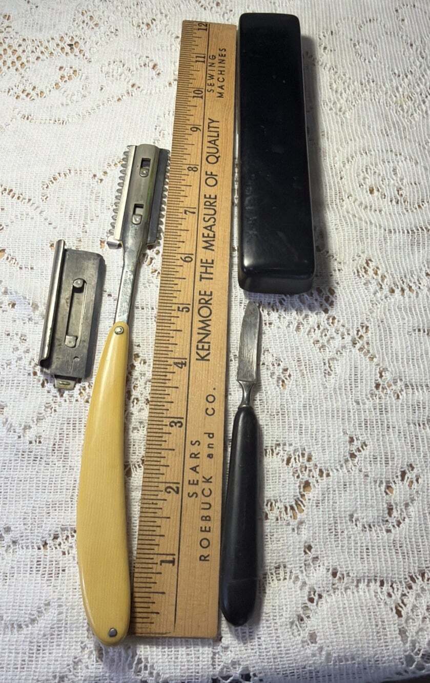 VINTAGE Durham Straight Shaver, 4 Xtra Blades Real Ebony Tool Early 1900’s.